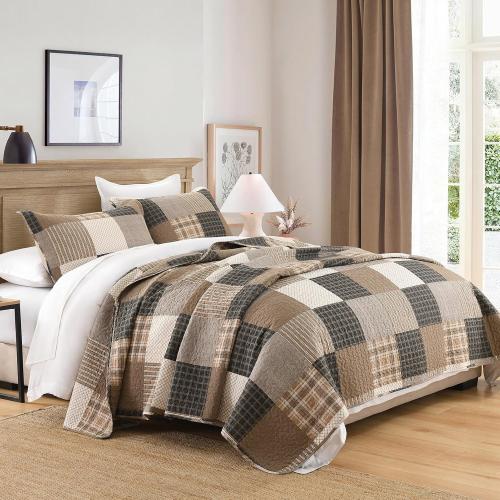 Plaid King Quilt Set - 100% Cotton Quilts, King Quilt Bedding Set, Farmhouse Patchwork Quilt, Lightweight Bedspread Coverlet for All Seasons, Brown, 3 Piece, 98x106