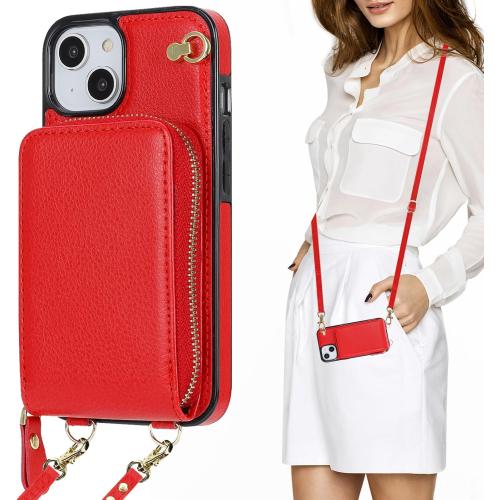 KIHUWEY Crossbody Wallet Case for iPhone 13 iPhone 14, Zipper Pocket Case with Card Holder, PU Leather RFID Blocking Protective Cover Case with Kickstand Detachable Wrist Strap Lanyard 6.1 (Red)