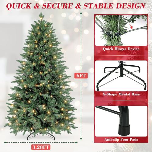 6ft Christmas Tree Prelit w/ 2085 PE & PVC Mixed 'Feel Real' Branch Tips, 400 Warm LED Lights, Hinged Spruce Artificial Xmas Tree with Metal Stand & Bag for Home, Office, Party Décor
