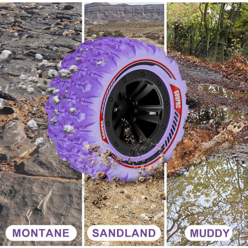 GOUPRC 12mm Hex RC Wheel Tires Set, 3.26 * 1.67 Inches 4PCS Swamp Claw Mud Terrain Tires Accessories for 1/14 1/16 RC Car Crawler Buggy Truck Purple