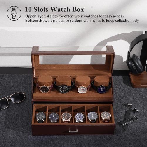 ProCase Watch Case for Men, 10 Slot Watch Display Stand with Acrylic Lid, Watch Display Case with Drawer, 2-Layer Mens Watch Box, Watch Holder Organizer for Men Women -Espresso