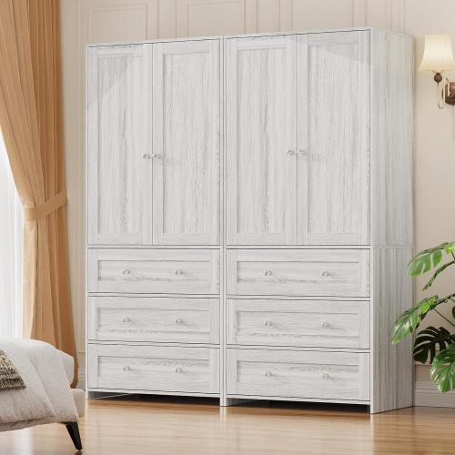 Armoire Wardrobe Closet with Drawers Gray Oak and Mirror, Clothing Storage Cabinet with Hanging Rod, 2 Doors Wooden Wardrobe Cabinet for Bedroom, Large Capacity Storage