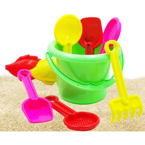 The Dreidel Company Mini Beach Day Playsets (Pack of 6) 3.25 Sand Bucket Play Set Box Includes, Pail, Shovel, Rake, Sifter Scoop, Dolphin Fish Sand Trays Toy for Boys and Girls Birthday Party Favor