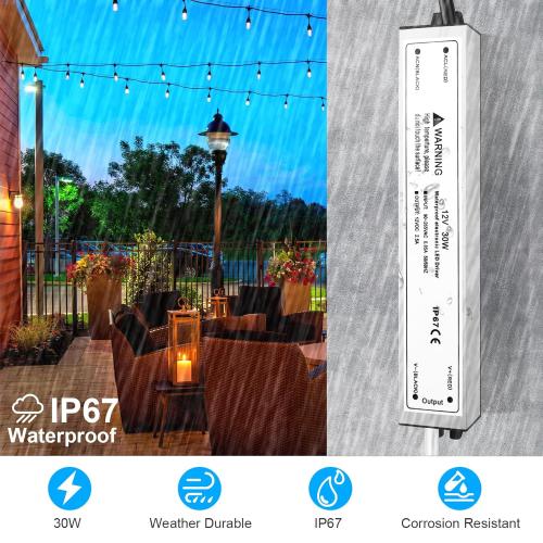 LightingWill LED Driver 30 Watts Waterproof IP67 Power Supply Transformer, 90-265V AC to 12V DC Low Voltage Output, Adapter with 3-Prong Plug 3.3 Feet Cable for Outdoor Use, Computer Project
