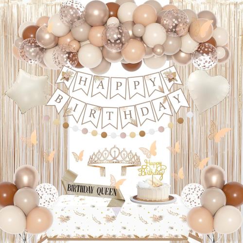 Color beige Birthday Decorations for Women, Boho Beige Cream Neutral Champagne White Sand Foil Balloons Table Cloth Sash Crown Curtains Happy Birthday Banner Circle Garland Butterfly Fall Party Supplies