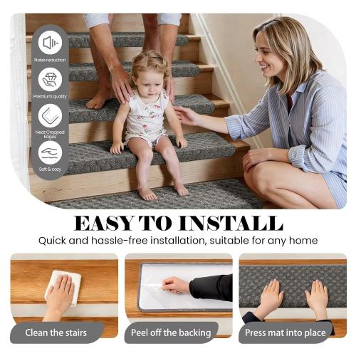 DEXDE Bullnose Carpet Stair Treads Non Slip for Wooden Steps Indoor, 30 x 9.5 x 1.7 (14 Pack) Grey - Peel and Stick Stair Runner Rugs with Edge Protection, Washable & Reusable Pet Friendly Mats