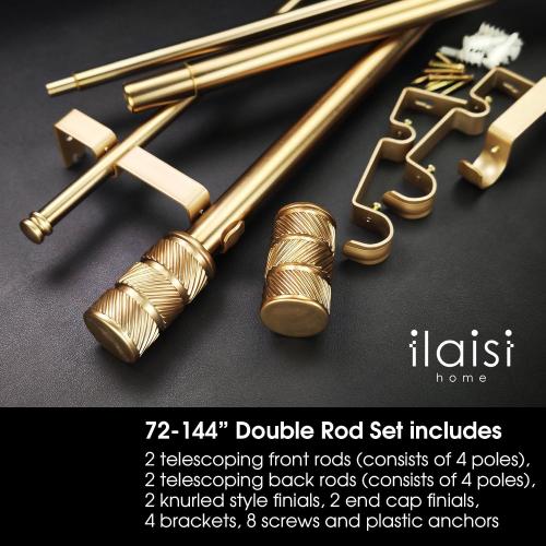 1-1/8 Inch Diameter Antique Gold Curtain Rods with Knurl Design Finial, 72-144 inch Telescoping Double Curtain Rods for window width 68-140 inch, Drapery Rods for Bedroom,Living Room