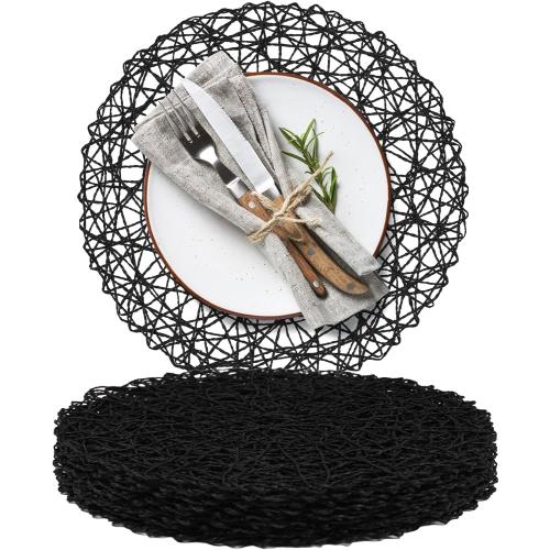 AHHFSMEI Paper Braided Round Placemats Set of 8 Natural Non-Slip Heat Resistant Table Mats for Dining Tables Woven Indoor & Outdoor Place mats(Black,8)