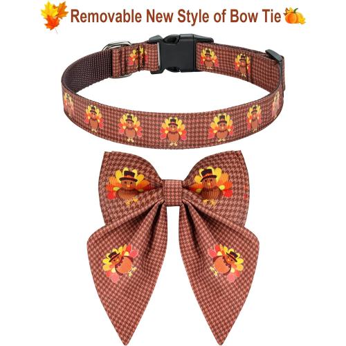 Malier Thanksgiving Dog Collar with Bow tie, Adjustable Bowtie Trukey Collars for Girl and Boy, Cute Holiday Puppy Collars for Small Medium Large Dogs Cats (Thanksgiving Day, Large)