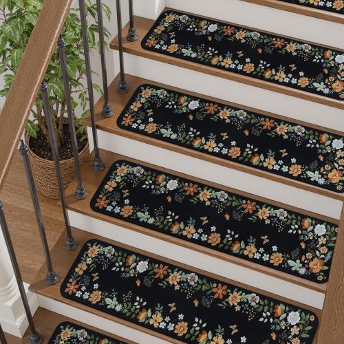 OJIA Floral Stair Treads Non-Slip Carpet Stair Treads for Wooden Steps Indoor 15PCS 30x8 Stair Runner Stair Mats Staircase Step Treads for Kids, Elders and Dogs, Stair Covers, Black