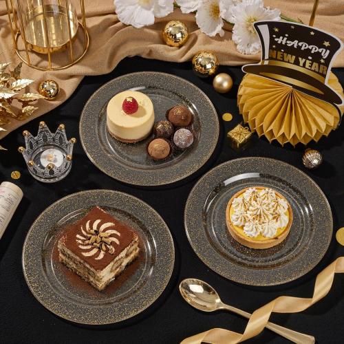 Liacere 100Pieces Gold Plastic Plates-Disposable Gold Glitter Appetizer Plates-7.5inch Premium Plastic Salad/Dessert Plates for Wedding & Parties & Thanksgiving