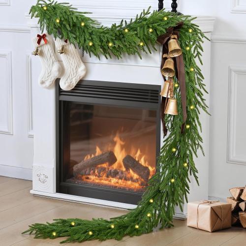 Waipfaru 9ft Artificial Norfolk Pine Garland, Realistic Christmas Garland with Lights Faux Winter Pine Greenery for Mantle,Table, Wall,Indoor,Outdoor Winter Christmas Decorations