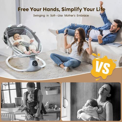 Electric Baby Swing for Infants to Toddler, Portable Swing Baby Rocker with 5 Point Harness, 5 Sway Speed, Bluetooth,12 Preset Lullabies with Remote Control, Infant Swing for Baby Boys & Girls, Grey