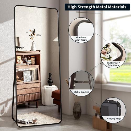 64x21 Full Length Mirror, Full Body Rounded Corner Rectangle Mirrors with Stand, Standing or Leaning Metal Framed Floor Mirror, Wall Mounted Mirrors Hang Horizontally or Vertically, Black