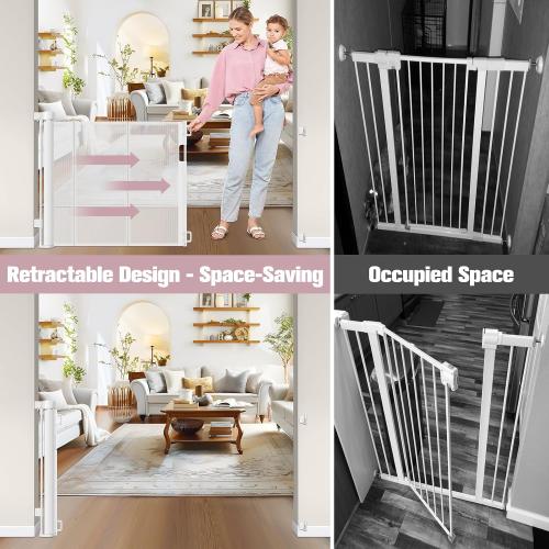 56 Inch Wide Retractable Dog Gate with Reinforced Strip, Retractable Baby Gate for Stairs to Prevent Crawling Under, Retractable Pet Gate for Stairs, Dog Gates for Doorways Mesh Gate for Pets, White