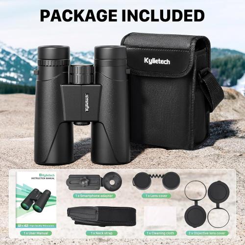 Kylietech 12x42 Binoculars BAK4 FMC Lens Waterproof Fogproof Phone Adapter