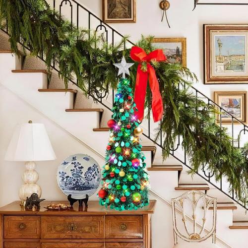 N&T NIETING Pop Up Christmas Tree with Lights, Collapsible Tinsel Xmas Tree Decorations, Pencil Christmas Tree Skinny Tree for Holiday Xmas Home Office Decor, 25 Balls, 3Ft, Peacock Blue