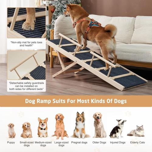 Wooden Dog Ramp for High Bed, 47.2 Long Non-Slip Dog Ramp for Couch, 6 Adjustable Heights from 15.7 to 28 with Side Rails Anti-Slip Traction Mat for Small Medium Large Dogs(Up to 160 Lbs)