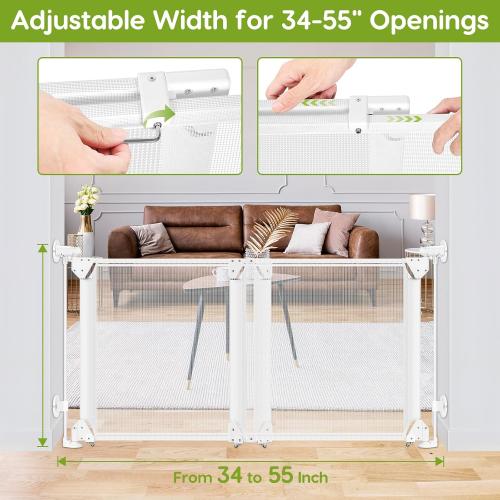 Color White No Drill Baby Gate for Stairs No Bottom Bar,  Adjustable Baby Gate with Large Walk Thru Door, Mesh Dog Gate for Doorways, Swing & Dual Openings, No Drilling Pet Gate Child Safety Gate, White