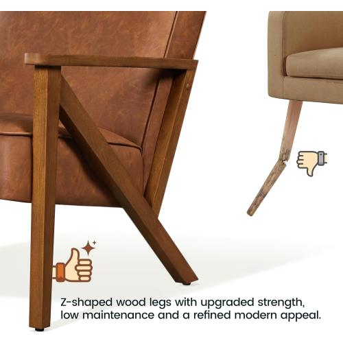 Yaheetech Accent Chair Faux Leather Armchair Lounge Chair with Wood Frame, Modern Retro Lounge Chair for Living Room/Office/Reception Area, Light Brown