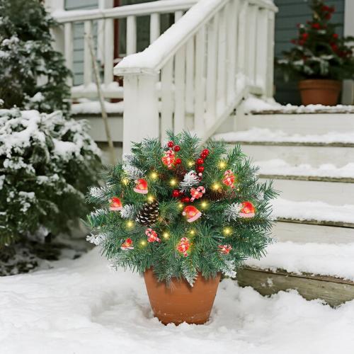 DR.DUDU 15 Inch Outdoor Christmas Decorations Urn Filler for Front Porch- Lighted Christmas Pot Fillers with Stake, Xmas Pine Trees with Timer for Outside Home Décor