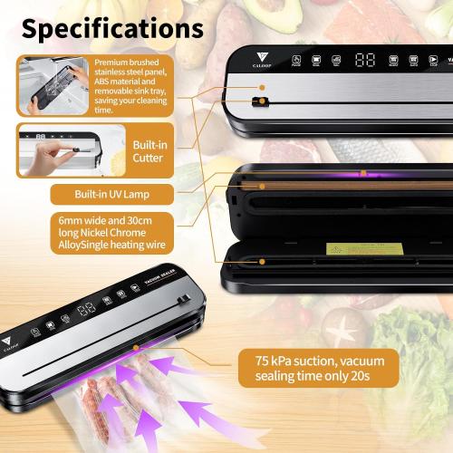 CALOOP Food Vacuum Sealer Machine with 20 Seal Bags, 80 Kpa Powerful Food Saver for Kitchen Storage, Dry/Moist Modes, Digital Countdown Timer, Compact Lightweight, Build-in Cutter