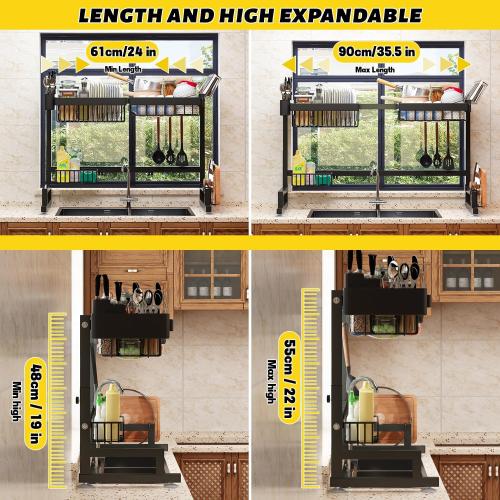 Over Sink Dish Drying Rack (Expandable Height/Length) Snap-On Design Large Dish Drainer Storage Counter Organizer 24 - 35.5(L) x 12(W) x 19 - 22(H)