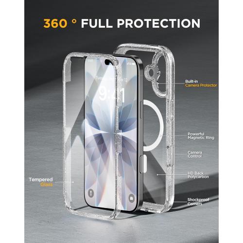 Miracase for iPhone 17 Case 6.3'', Full-Body Military Drop Protection Outdoor Phone case with Built-in Glass Screen &Camera Control,Easy Installation,No Gap,Compatible with MagSafe,Clear Glitter