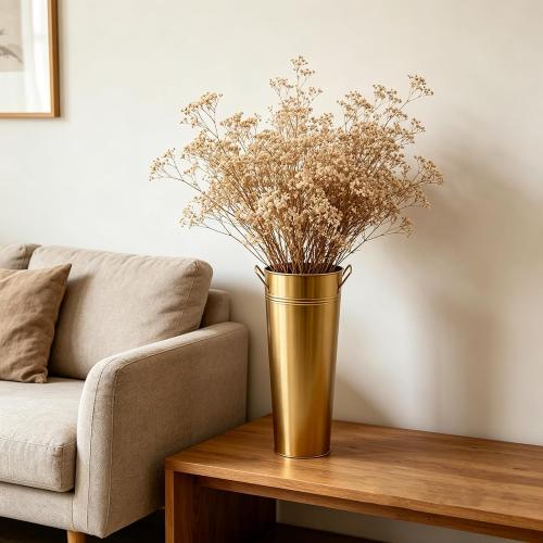 Hosley Set of 2 Gold Metal French Bucket with Handles & PVC Liner, 6 Dia x 15 H for Weddings, Parties, Country Picnics, Floral Arrangements, Tableware Storage, or Gardens - Rustic Farmhouse Décor