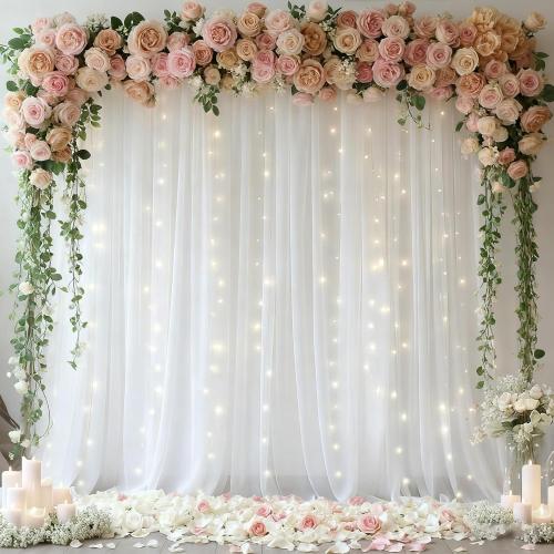 10x10ft White Tulle Backdrop Curtain with Lights String for Parites, Sheer Photo Backdrop Drapes with Lights for Wedding Ceremony Reception Baby Shower Bridal Shower Birthday Party