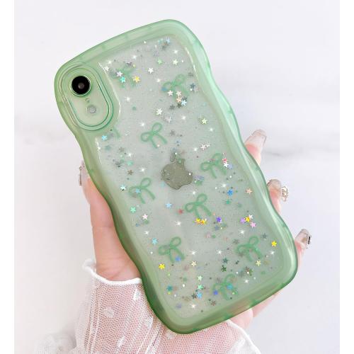 Qokey for iPhone XR Case, Glitter Star & Curved Edge Handle Grip Design, Military-Grade Shockproof Clear TPU Cover, Sparkle Protection Scratch-Resistant, Holographic Sage Green Bow
