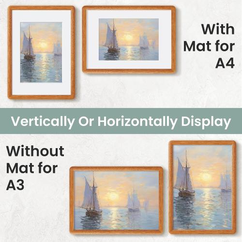 Acovy A3 Picture Frame, Solid Natural Teak Wood Photo Frame with Tempered Glass,A3 Wood Picture Frame with Mat for A4 Photos,Curved Rounded Corner Wooden Frames,Wall or Tabletop Display