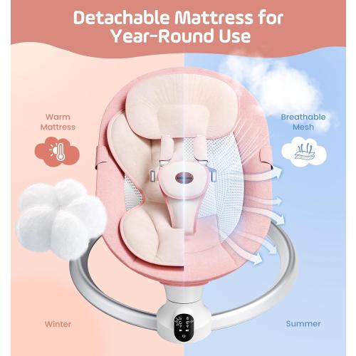 Baby Swing for Infants - Electric Baby Rocker with Exclusive App Function, Upgraded 5 Point Harness, Bluetooth Support, 10 Preset Lullabies and 5 Speeds, Portable Swing for Baby Boy Girl（Pink）