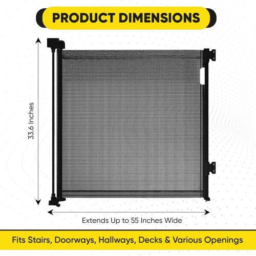 Retractable Baby Gate – 35 Tall, 55 Wide Mesh Safety Gate for Dogs & Babies, Indoor/Outdoor Use for Stairs, Doorways, Hallways, Deck & Porch – Easy One-Handed Wall Mount Design