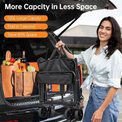 InBrave Collapsible Wagon Cart Foldable Beach Wagon with All-Terrain Wheels - 380 LBS Heavy Duty Grocery Cart for Shopping, Beach, Camping, Sports, Garden (Black)