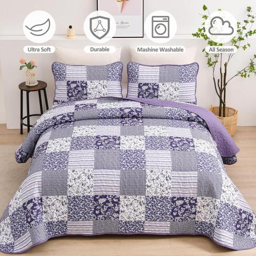 Mybedsoul Purple Quilt Set King Size Quilt Bedding Set Brown Plaid,3 Pieces Floral Patchwork Reversible Bedspread Coverlet Set for All Season,Soft Microfiber Bedding Set King 90x104