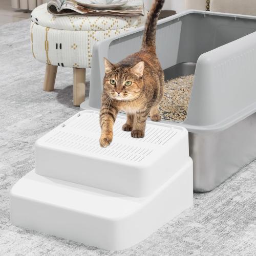 BALAPET Adjustable 3 Steps Litter Box Ramp with Filter Function, Detachable Litter Trapper, Easy Clean Cat Litter Stair for Small & Elderly Cats(White)