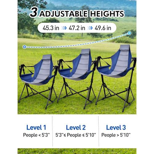 Hammock Camping Chair - 3 Heights Portable Hammock Chair Camping with Adjustable Backrest, Headrest, Padded Seat, Cup Holder - 450 LBS Heavy Duty