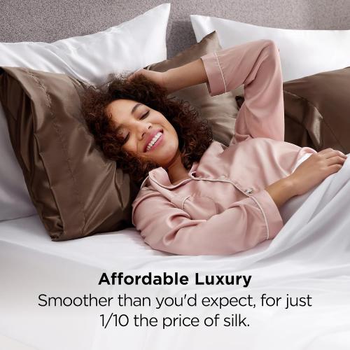 Bedsure Satin Pillowcase Standard Set of 2, Silky Pillow Cases, Brown
