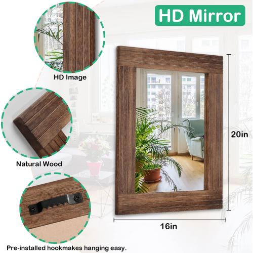 Wood Mirror Rectangular Framed Rustic Vintage Mirrors Decor Farmhouse Bedroom Bathroom Mirror for Dressing Table Entrance Large 20x16 Brown
