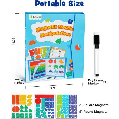 D-FantiX Magnetic Fraction Educational Puzzle, Magnetic Fraction Tiles & Fraction Circles Set, Math Manipulatives for Elementary School, Montessori Fraction Manipulatives Learning Toys for Kids
