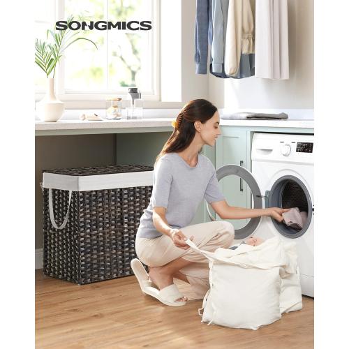 SONGMICS Laundry Hamper with Lid, 130L Clothes Hamper with 2 Removable Liner Bags and 6 Mesh Bags, Wicker Laundry Basket, Double Laundry Hamper for Bathroom, 13 x 26 x 23.6 Inches, Brown ULCB253K01