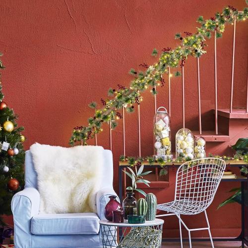 Christmas Garland with Lights, 6 FT Battery Operated Garland with 60 LED Lights, Timer, Lighted Garland with Berries Pine Cones for Mantle Stairs Railing Home Xmas Decoration Indoor