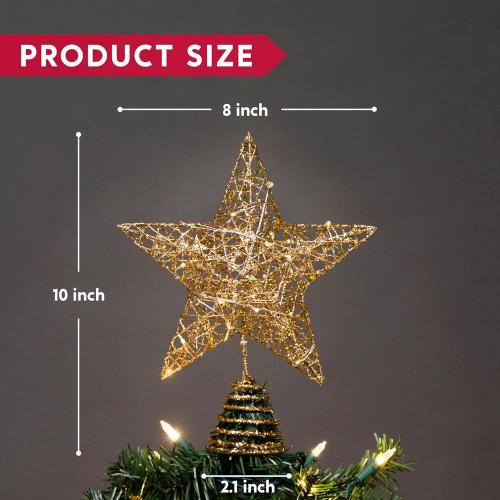 Joiedomi 8 inch Christmas Gold Glitter Star Tree Toppers Metal Lighted with 20 LED Lights for Xmas Decorations, Holiday Party Indoor Decor