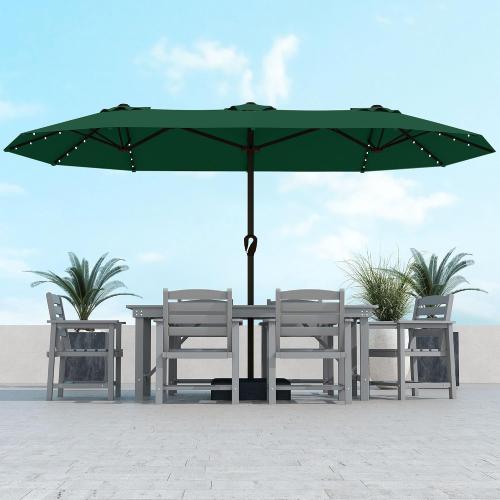 Kingdura 15ft Large Patio Umbrella with Solar Lights, Double-Sided Rectangle Outdoor Table Umbrella with Base Included, 12 Reinforced Ribs, 48 Led Lights, Crank Lift for Market Pool Deck, Dark green