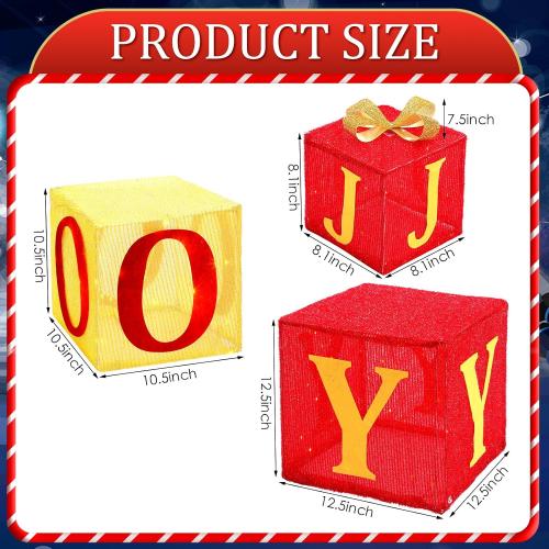 Honoson 3 Sets Extra Large Christmas Lighted Gift Boxes 8.1'' 10.5'' 12.5'' Joy Present Boxes Pre Lit with 100 Warm White Lights Christmas Decorations for Home Indoor Outdoor Garden Lawn