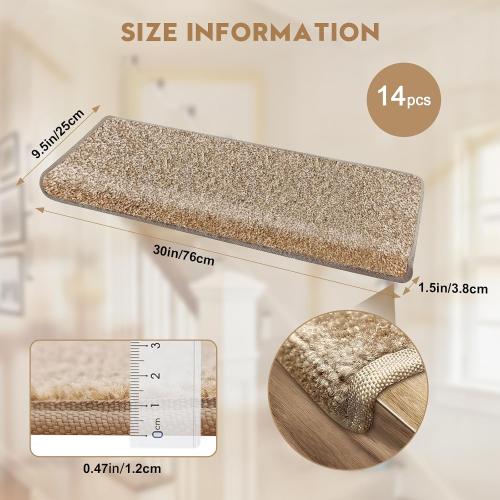 Bullnose Carpet Stair Treads 30x9.5,14 Pcs Non-Slip Peel and Stick for Wooden Steps Indoor with Edge Protection, Pet and Kid Friendly, Stair Runner Rugs (Beige)
