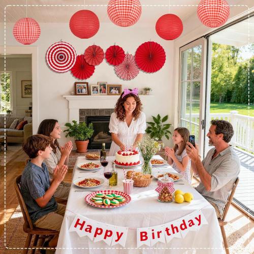 15 Pcs Red Gingham Party Decorations, 12 Inch Hanging Paper Lanterns and Fans for Picnic, BBQ, Pizza Party, Crawfish Boil, Birthday, Baby Shower, Graduation