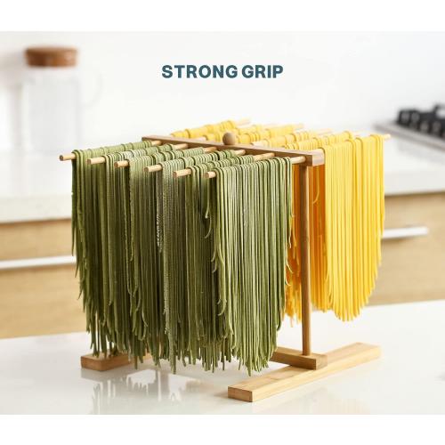 Bamboo Pasta Drying Rack with Transfer Wand and 12 Bars, Easy to Transfer for Drying Pasta and Cooking, Special Suspension Design for Large Storage