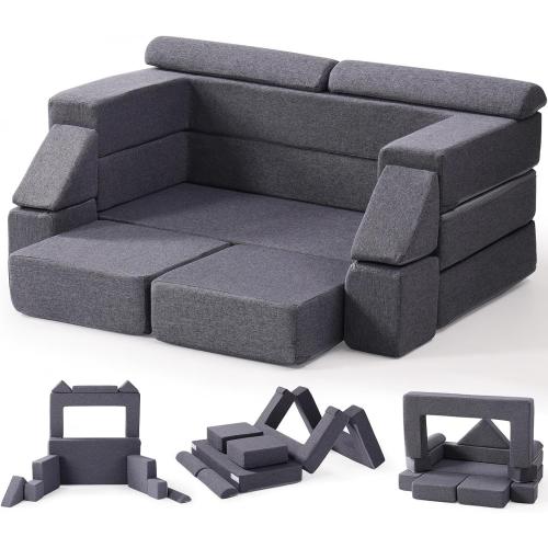 Color Grey Kids Couch, Gray Modular Kids Play Couch, DIY-Style & Washable Toddler Sofa for Playroom, Bedroom, Nursery, WG412